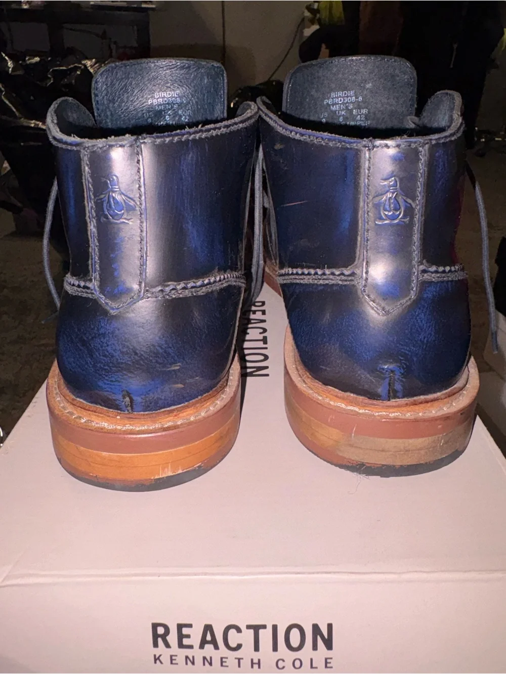 Penguin Men's Navy Leather Chukka Boots with Tan Stacked Sole